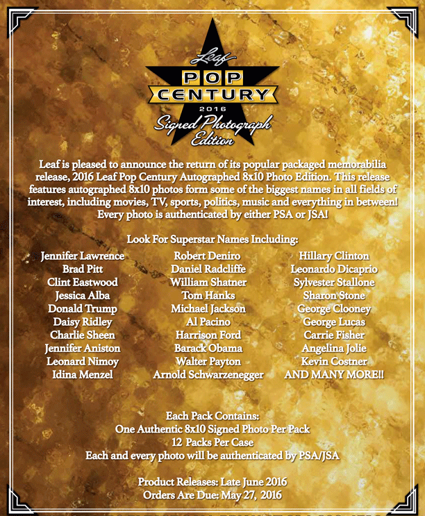 NonSports 2016 Leaf Pop Century Signed 8×10 Photograph Edition